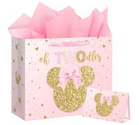 13" Large Oh Twodles Birthday Gift Bag with Tissue Paper and Greeting Card Glitter Pink Gold Wrapping Paper Bags Cartoon Mouse Happy 2nd Birthday Party Favor Bags for Girls 13"L x 10.2"H x 4.9"W