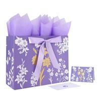 13" Large Purple Gift Bag Set with Greeting Card and Lavender Tissue Papers (Gold Foil Tree) for Women's or Men's Birthday Party, Girls', Boys' or Kids' Party, Baby Shower, Baby Girl or Boy