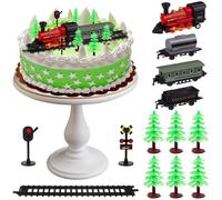 13 Pack Train Themed Cake Toppers Stand Up Train Pull-back Model Mini Train Toy Traffic Track Railway Lights Cake Decor with Green Tree Vintage Steam Engine Train Mix 8-12" Circle Cake Decorations
