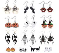 13 pairs Halloween Earrings Set Halloween Theme Stud Earring Sets Bat Cat Witch Stud Earrings Spider Web Pumpkin Ghost Bat Drop Earring Halloween Jewelry for Women, Stainless Steel, amazonite