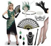 13 PCS 1920s Flapper Costume Set for Women, Roaring 20's Theme Set with Sequin Fringed Peacock Pattern Dress with Accessories,Great Gatsby Outfit for Halloween,Vintage Party Roaring Twenties Theme