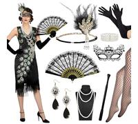 13 PCS 1920s Flapper Costume Set for Women, Roaring 20's Theme Set with Sequin Fringed Peacock Pattern Dress with Accessories,Great Gatsby Outfit for Halloween,Vintage Party Roaring Twenties Theme