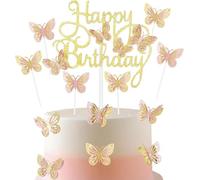 13 Pcs Butterfly Happy Birthday Cake Toppers, Gold Pink Glitter Butterfly Cake Cupcake Decorations for Girls Women Birthday Party