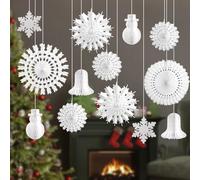 13 pcs Christmas Decorations Paper Honeycomb Hanging White Ceiling Home Wall Room Indoor Ornaments Snowflake Snowman for Xmas New Years Party
