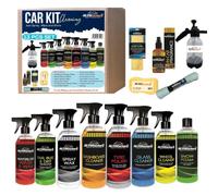 13 Pcs Complete Auto Car Cleaning Kit Includes Water Pump Sprayer 2Ltr, Snow Foam, Wash & Wax, Glass Cleaner, Tyre Polish, Dashboard & Wheel Cleaner, Spray Wax, Microfibre towel, & More - D2