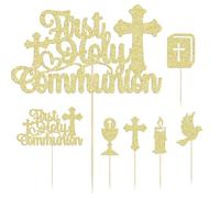 13 Pcs First Holy Communion Cupcake Toppers, Gold Glitter Bless Dove Cross Cupcake Toppers, First Communion Cake Decorations, God Christian Baptism Theme Baby Shower Birthday Party