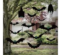 13 PCS Hanging Bats Halloween Decoration Outdoor Black Plastic Bats with Glowing Eyes Different Size Flying Bats Halloween Decor Hanging in The Tree, Porch, Yard, Lawn, Indoor