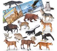 13 Pcs North American Forest Animal Figure Set with Educational Booklet and Gift Box, Realistic Plastic Animals Toy for Kids, Jungle Theme Party Favor, Cake Topper, Birthday Gift for Toddler Boy Girl