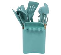 13 PCS Silicone Cooking Utensils Set, Wooden Handles Heat Resistant Spatula Set, Food Grade Silicone Kitchen Utensils Sets, Non Stick Kitchen Utensil Spatula for Nonstick Cookware (Dark Green)
