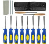 13 PCS Wood Chisel Set Carbon Steel Blades Rubber Handles Including Rasps Sharpening Stones and Canvas Bag for Woodworking Carving