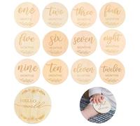 13 Pcs Wooden Baby Milestone Cards and Hello World Baby Sign Set, Double Sided Baby Monthly Milestone Cards, 15cm Round Baby Announcement Plaque, for Baby Shower Photo Prop Nursery Gift