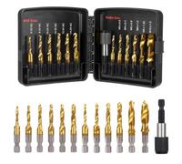 13-Piece Combination Drill and Tap Set, SAE 6-32NC to 1/4-20NC and M3-M10 Metric, Titanium-Coated with Quick-Change Adapter