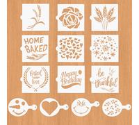 13-Piece Wheat & Floral Cake Stencils & Coffee Stencils Set - Reusable Barista Accessories for Baking, Desserts
