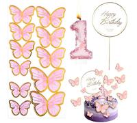 13 Pieces Decoration Gateau Anniversary, Birthday Candle, Happy 1st Butterfly, Pink Number 1, Candle with Glitter, Butterfly Cake, Pink Butterfly 1st Birthday Cake Topper
