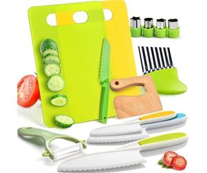 13 Pieces Kitchen Knife Set-Kids Montessori Kitchen Set Cooking Sets Real-Toddler Safe with Plastic Toddler Safe Knife Crinkle Cutter Kids Cutting Board Birthday Gift