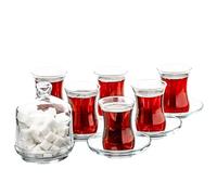 13 Pieces Turkish Tea Glasses Set Includes; Traditional Patterned 6 Glasses Tea Cups (115ml/4oz), 6 Saucers, and Sugar Bowl with Glass Cover (260ml/8.7 oz)
