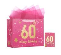 13" Pink 60th birthday gift bag with tissues and cards, suitable for birthday parties and anniversary celebrations. Medium-sized gift bag (1 Pink PCS)