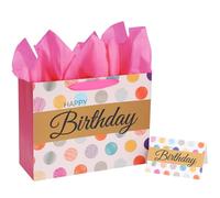13" polka dot Happy Birthday Large Gift Bag with Tissue Paper and Card for Baby Shower Birthday