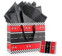 13" Racing Car Gift Bags with Tissue Paper and Greeting Card, Black White Checkered Wrapping Paper Hot Racing Car Themed Party Decoration for Girl Boy Kids Birthday Candy Treat Bag Party Supplies