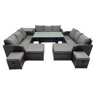 13 Seater Rattan Sofa Oblong Dining Table & Side Table 4 Stools Fimous Dark Grey One Size