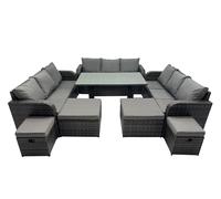 13 Seater Rattan Sofa Oblong Dining Table with 4 Footstools Fimous Dark Grey One Size
