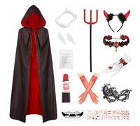 13 Vampire Costume Women's Halloween Devil Costume Set, 140 cm Double-Sided Vampire Cape with Vampire Teeth & Devil Horns & Stick, Halloween Costume Women's Vampire Cape Accessory for Fancy Dress