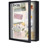 13 x 16 Inch Shadow Box Frame, Large Shadow Boxes Display Cases, Deep Picture Flower Frames, Black Memorial Shadow Box with Linen Back & Push Pins for Wall, Tabletop