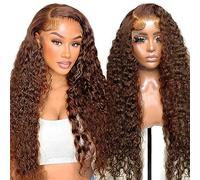 13 x 4 Lace Front Wig Human Hair Brown Color Deep Wave Brazilian Human Hair Wig with 150% Density, Natural Curly Wig Light Brown for Women, 24 Inches (60 cm)