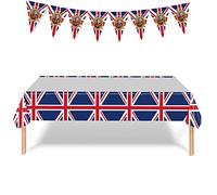 130 * 220cm Union Jack Tablecloth with King Charles III Coronation Decorations Flags Bunting Banner,King Charles Union Jack Banner,Great British Plastic Tablecover for King Charles Third Street Party