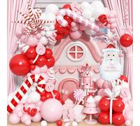 130 Pcs Christmas Balloon Arch Kit, Red Pink White Latex Balloons With Santa Candy Cane Star Foil Mylar Balloon for Xmas Christmas New Year Winter Holiday Baby Shower Girls Birthday Party Decorations