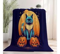 130 x 150 cm Flannel Fleece Throw Blanket - Colorful Decorative Blankets, Soft Cozy Warm Halloween Cute Moon Cat Print Blankets for Bed Couch Sofa Office