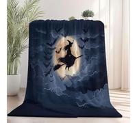 130 x 150 cm Flannel Fleece Throw Blanket - Grey Decorative Blankets, Soft Cozy Warm Halloween Witch Moon Bats Print Blankets for Bed Couch Sofa Office