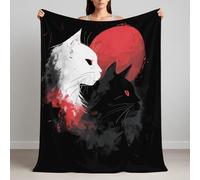 130 x 150 cm Throw Blanket Fluffy Comfy, Luxury Crimson Red Blankets Super Soft and Warm Perfect Choice for Winter, Lightweight Comic Style Black Cat White Cat Blood Moon Fleece Blankets