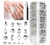 1300Pcs Crystal White Nail Art Rhinestones Crystal Clear Nail Charms 60 Multi Shapes Crystal Flatback Rhinestones Big Gems +1240 Round Beads K9 Glass Stones Diamonds jewels for Nails Faces Eyes Makeup