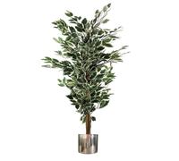 Leaf Artificial Ficus Tree/Plant with Metal Planters, Green, 130cm