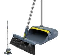 130cm Windproof Long Handled Dustpan & Brush Set, Home Vertical Dustpan Broom Combo with Comb Teeth Design, 180 Degree Rotating Sweeping Brush for Indoor, Outdoor, Lobby, Kitchen, Office, Room (Grey)