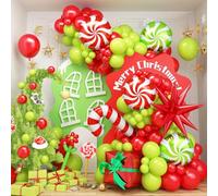 130PCS Christmas Balloon Arch Kit, Red Lime Green Christmas Garland Set with Candy Cane Explosion Star Box Xmas Foil Balloons for Kids Grinchmas Decor Birthday New Year Party Decorations