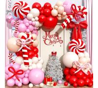 130pcs Merry Christmas Balloon Arch Kit, Red White Xmas Balloons Garland with Red & Pink Bow Balloons and Candy Cane Foil Balloon for Christmas Holiday Birthday New Year Candy Themed Party Decorations