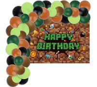 130pcs Pixel Balloon Garland Arch Kit, Video Game Green and Brown Balloons with Happy Birthday Banner Dual-Hole Chain and Adhesive Dot for Theme Birthday Party Decorations