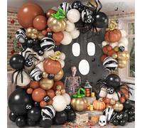 130Pcs Vintage Halloween Balloon Garland Kit, Muted Burnt Orange Terracotta Black Marble White Gold Balloon Arch Spider Pumpkin Diy Balloons for Spooky Autumn Harvest Fall Birthday Party Decorations