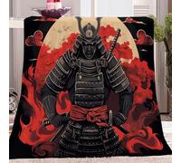 130x150 cm Japanese Samurai Red Flames Fleece Throw Blanket for Couch and Sofa, Black Soft Flannel Blanket, Cozy Warm Decorative Bedding for Living Room, Kids Gift for Bedroom Decor.