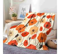 130x150 cm Red Orange Poppy Flowers Fleece Throw Blanket for Couch and Sofa, Cream Soft Flannel Blanket, Cozy Warm Decorative Bedding for Living Room, Floral Gift for All Ages.