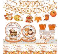 132 Pcs Fall Thanksgiving Party Plates and Napkins Party Supplies Autumn Turkey Baby Tableware Set with Cups Banner Pumpkin Tablecloth for Fall Harvest Party Thanksgiving Party Decorations