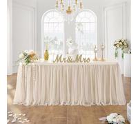132in Champagne Gold Tulle Table Skirts for Rectangle Tables 8ft 6ft 4ft, 2-Layer Beige Ruffle Tulle Tutu Cloth Table Skirt 11ft for Wedding Party Birthday Baby Shower Cake Dessert(No Table Cover)