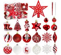 132Pcs Christmas Balls Ornaments Set,Shatterproof Plastic Baubles Christmas Decorations with Hanging Strings for Xmas Tree Decor Holiday Wedding Outdoor Party, Red