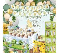 132pcs Classic Winnie Baby Shower Decorations Kit, All-in-1 Vintage Winnie Party Supplies Decorations, Classic The Pooh Backdrop Cake Topper, Winnie Baby Tablecloth Box Decorations for Baby Shower