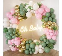 132Pcs Sage Green and Pink Balloon Arch Kit,Sage Green Pink Balloon Garland Arch Kit with Sand White Olive Green Pink Gold Balloons for Baby Shower Decoration,Birthday Party,Jungle Safari Party Decor