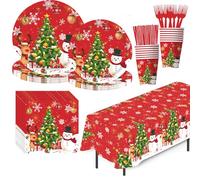 133Pcs Christmas Party Tableware Set 16 Guests Christmas Paper Plates Napkins Cups and Tablecloth Christmas Tree Snowman Reindeer Dinnerware for Xmas Themed Party Decor