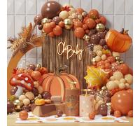 134PCS Fall Balloon Arch Kit with Burnt Orange Coffee Brown Balloons Garland with Pumpkin Maple Leaf Mushroom Foil Balloons for Fall Thanksgiving Autumn Harvest Birthday Baby Shower Party Decorations