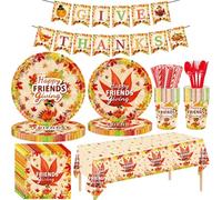 134pcs Friends Giving Plates Set with Tablecloth Serve 16 Guests, Glazeal 16 Sets Disposable 7in / 9in Plates with 20pcs Thanksgiving Napkins& 16 Sets Tableware, Tablecloth & Pull Flag-Maple